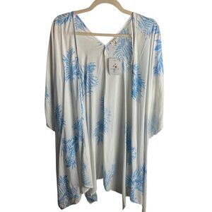 En Creme Size S Kimono Open Front Top Tropical Leaf Print Swim Blue White Boho